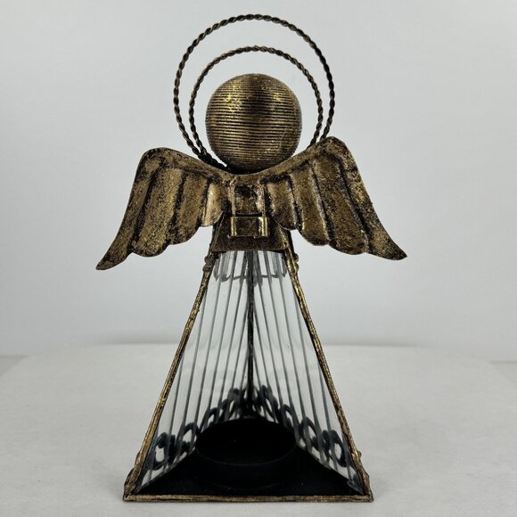 Decorative Angel Votive Candle Holder Metal Art Triangle Figurine With Trumpet - Picture 4 of 11